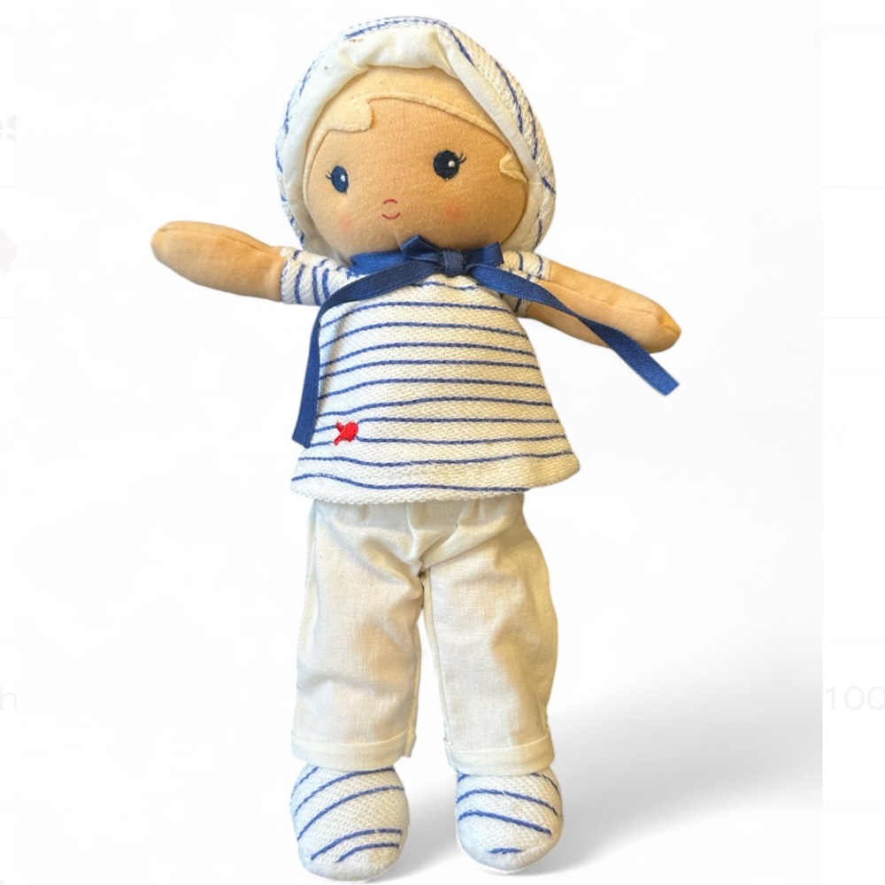 Handmade Striped Blue & White Cloth Doll with Ribbon